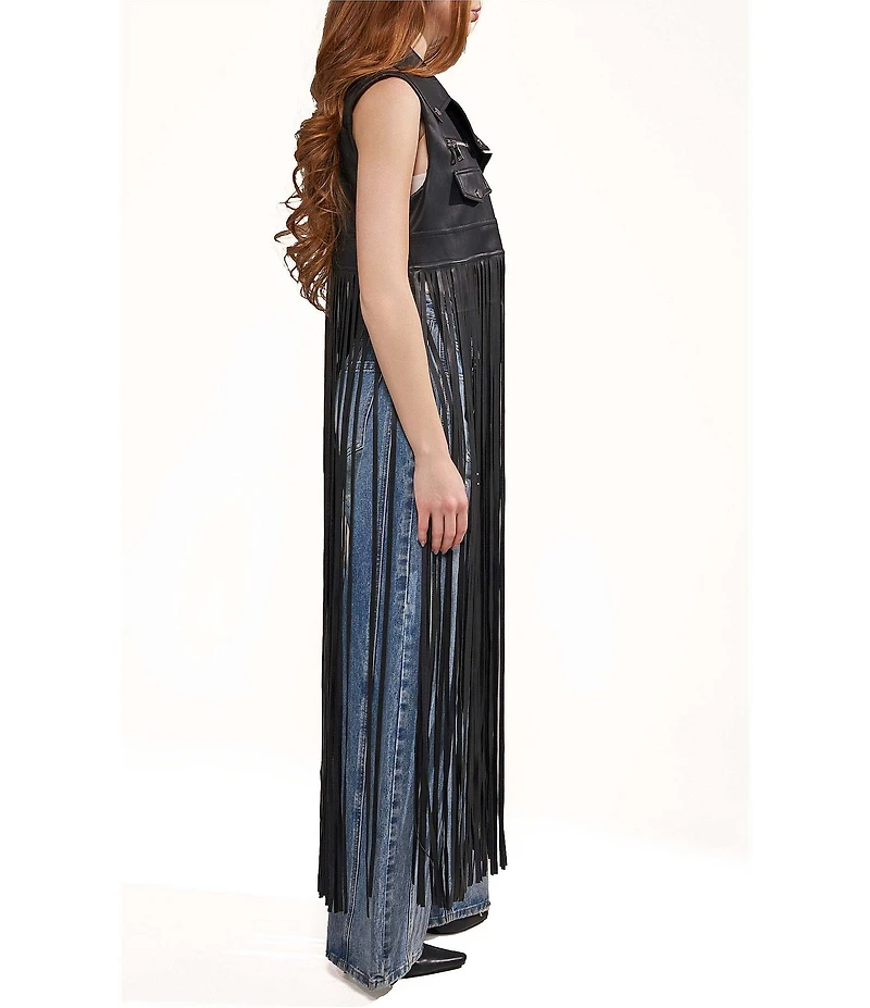 Azalea Wang Arden Black Lapel Neck Sleeveless Fringe Zip Front Vest