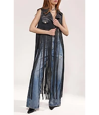 Azalea Wang Arden Black Lapel Neck Sleeveless Fringe Zip Front Vest