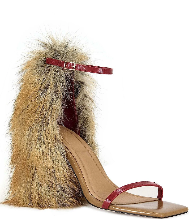 Azalea Wang Arette Red Fox Faux Fur Ankle Strap Sandals