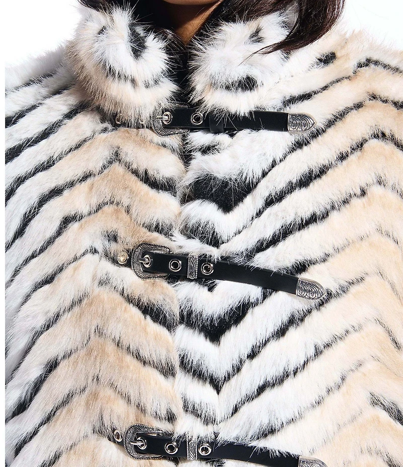 Azalea Wang Argyll Beige Faux Fur Stiff Collar Long Sleeves Three Belted Moto Jacket