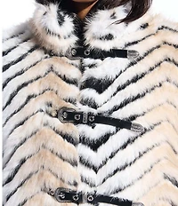 Azalea Wang Argyll Beige Faux Fur Stiff Collar Long Sleeves Three Belted Moto Jacket