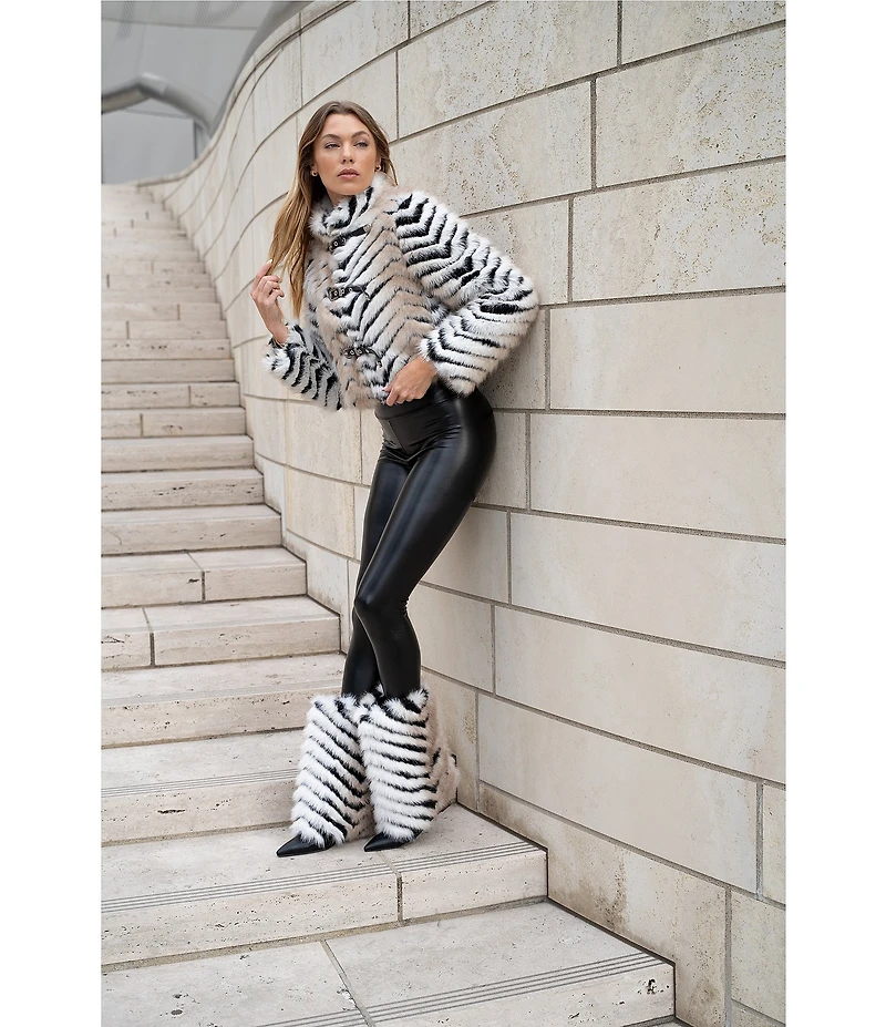 Azalea Wang Argyll Beige Faux Fur Stiff Collar Long Sleeves Three Belted Moto Jacket