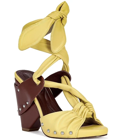Azalea Wang Aruba Ankle Tie Studded Colorblock Wedge Dress Sandals