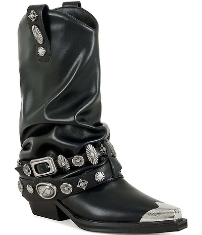 Azalea Wang Ashraf Cap Toe Concho Studded Belt Western Booties