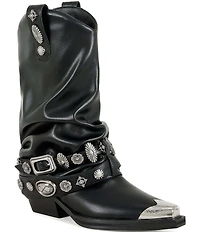 Azalea Wang Ashraf Cap Toe Concho Studded Belt Western Booties