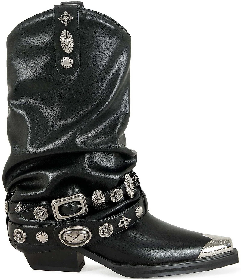 Azalea Wang Ashraf Cap Toe Concho Studded Belt Western Booties