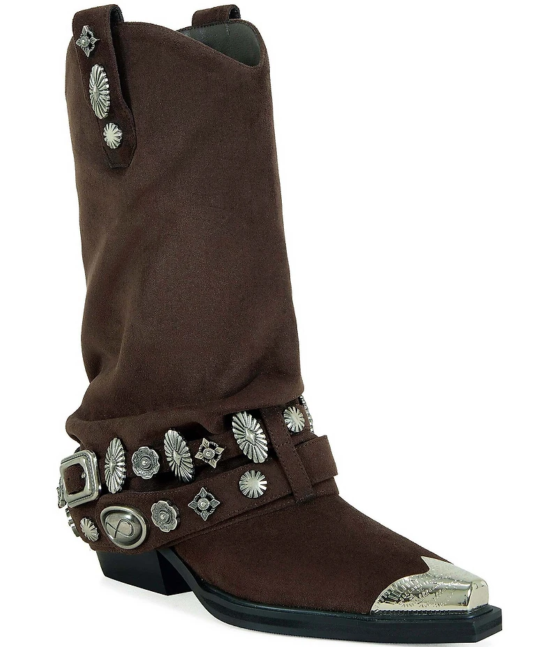 Azalea Wang Ashraf Cap Toe Soft Concho Studded Belt Western Booties