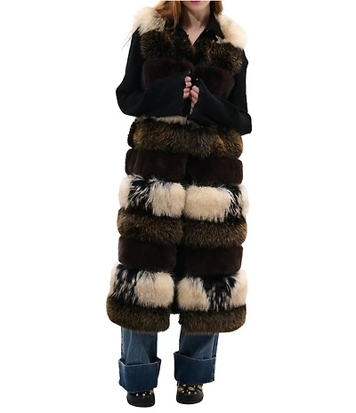 Azalea Wang Aspen Faux Fur Brown Multi Print Oversize Long Vest