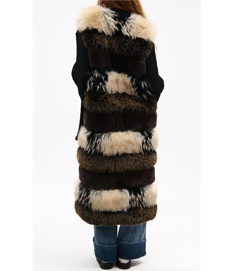 Azalea Wang Aspen Faux Fur Brown Multi Print Oversize Long Vest