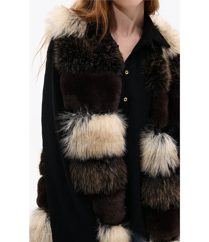 Azalea Wang Aspen Faux Fur Brown Multi Print Oversize Long Vest