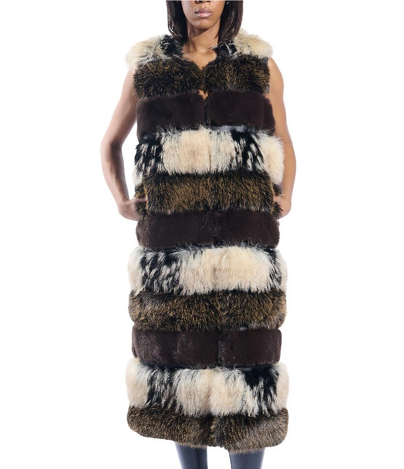 Azalea Wang Aspen Faux Fur Brown Multi Print Oversize Long Vest