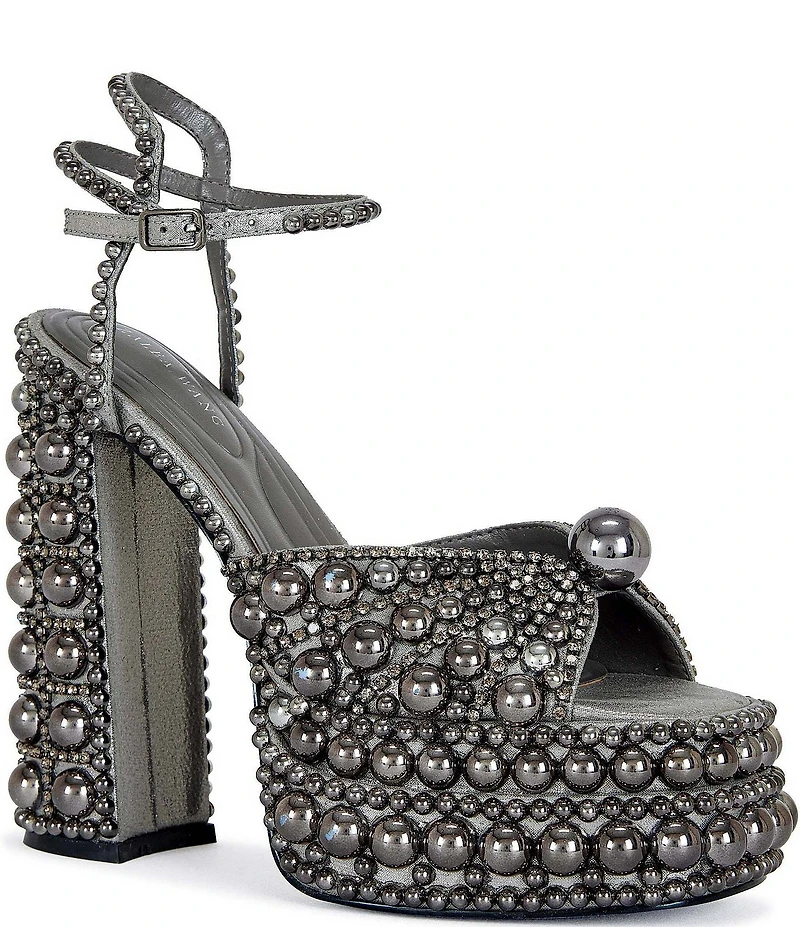 Azalea Wang Astrella Pearl Studded Ankle Strap Block Heel Platform Dress Sandals