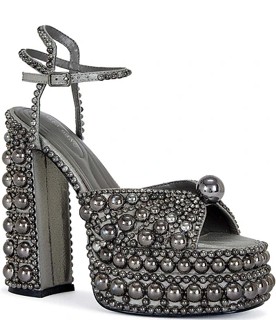 Azalea Wang Astrella Pearl Studded Ankle Strap Block Heel Platform Dress Sandals