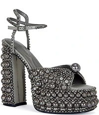 Azalea Wang Astrella Pearl Studded Ankle Strap Block Heel Platform Dress Sandals