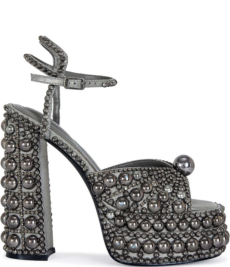 Azalea Wang Astrella Pearl Studded Ankle Strap Block Heel Platform Dress Sandals