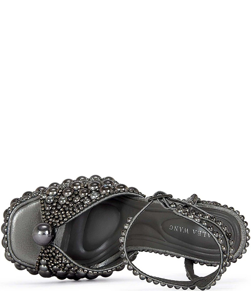 Azalea Wang Astrella Pearl Studded Ankle Strap Block Heel Platform Dress Sandals