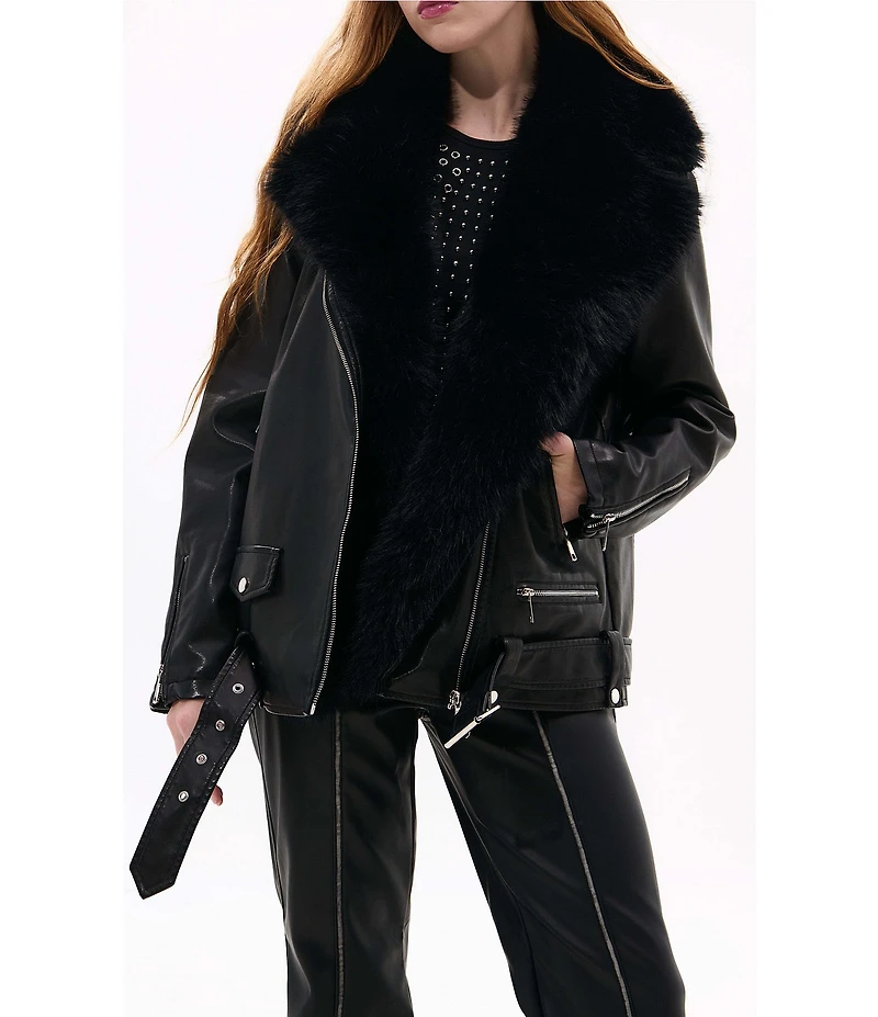 Azalea Wang Aurelia Black Faux Fur Trim Shawl Collar Zip Front Moto Jacket