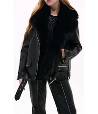 Azalea Wang Aurelia Black Faux Fur Trim Shawl Collar Zip Front Moto Jacket