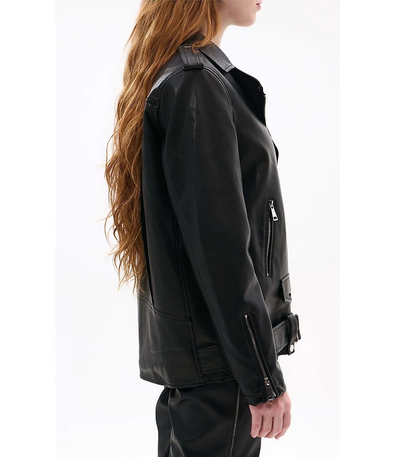 Azalea Wang Aurelia Black Faux Fur Trim Shawl Collar Zip Front Moto Jacket