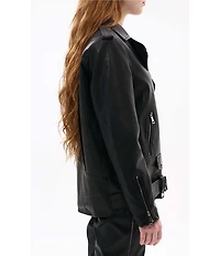 Azalea Wang Aurelia Black Faux Fur Trim Shawl Collar Zip Front Moto Jacket