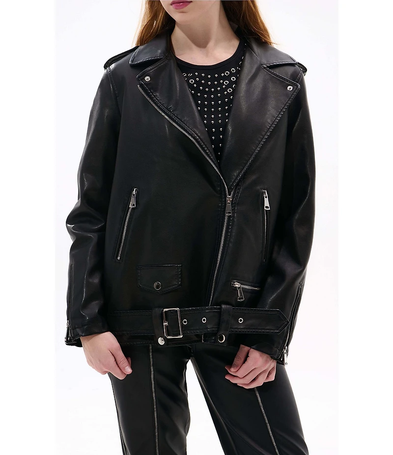 Azalea Wang Aurelia Black Faux Fur Trim Shawl Collar Zip Front Moto Jacket