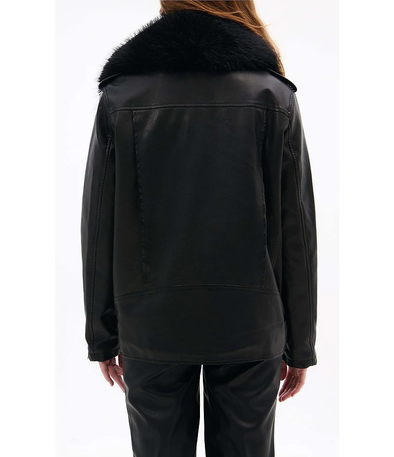 Azalea Wang Aurelia Black Faux Fur Trim Shawl Collar Zip Front Moto Jacket