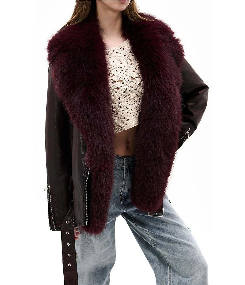 Azalea Wang Aurelia-Burgundy Faux Fur Trim Shawl Collar Zip Front Moto Jacket