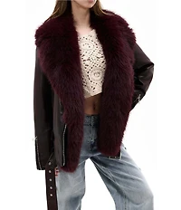 Azalea Wang Aurelia-Burgundy Faux Fur Trim Shawl Collar Zip Front Moto Jacket