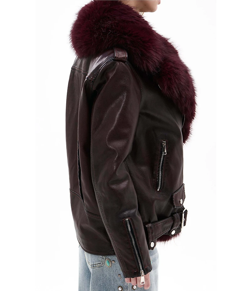 Azalea Wang Aurelia-Burgundy Faux Fur Trim Shawl Collar Zip Front Moto Jacket