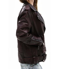 Azalea Wang Aurelia-Burgundy Faux Fur Trim Shawl Collar Zip Front Moto Jacket