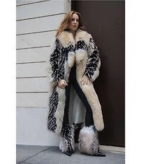 Azalea Wang Aurora Tan Fox Pattern Shawl Collar Oversize Maxi Faux Fur Coat