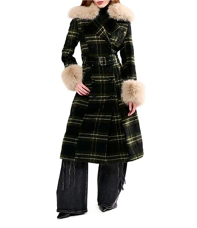 Azalea Wang Avenna Green Plaid Notch Lapel Removable Faux Fur Trim Belted Trench Coat
