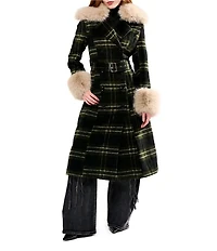 Azalea Wang Avenna Green Plaid Notch Lapel Removable Faux Fur Trim Belted Trench Coat