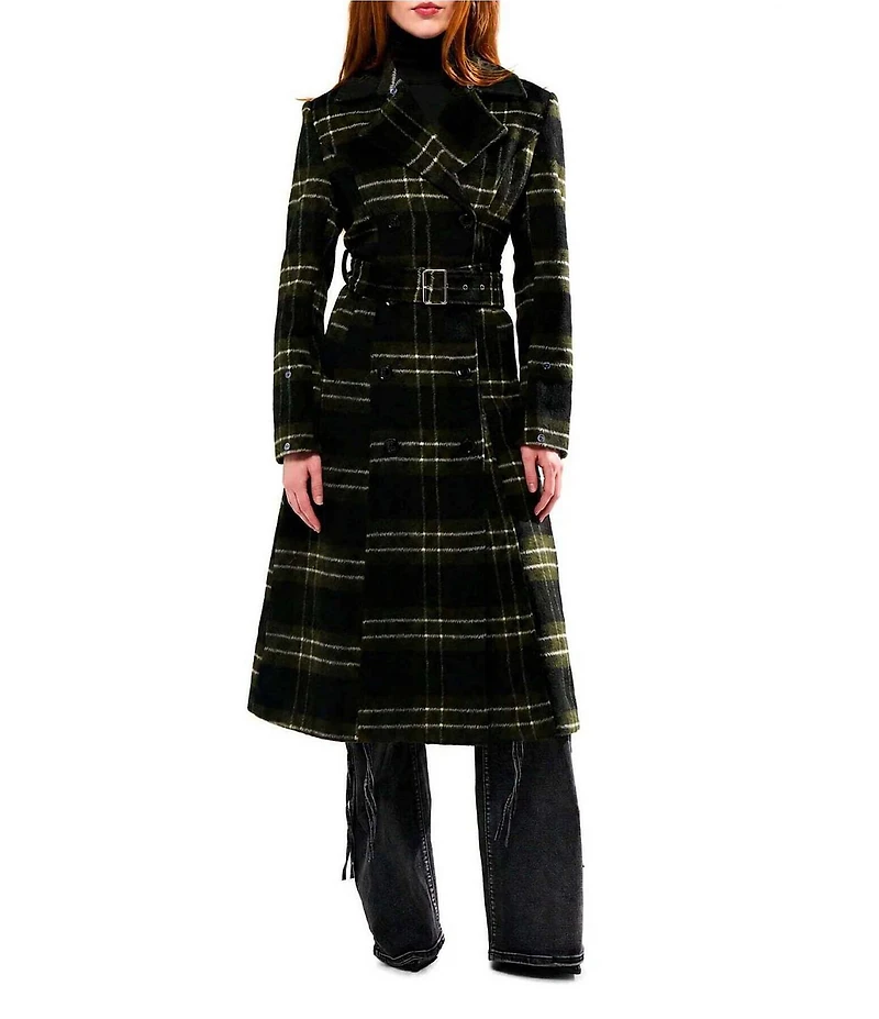 Azalea Wang Avenna Green Plaid Notch Lapel Removable Faux Fur Trim Belted Trench Coat