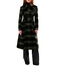 Azalea Wang Avenna Green Plaid Notch Lapel Removable Faux Fur Trim Belted Trench Coat