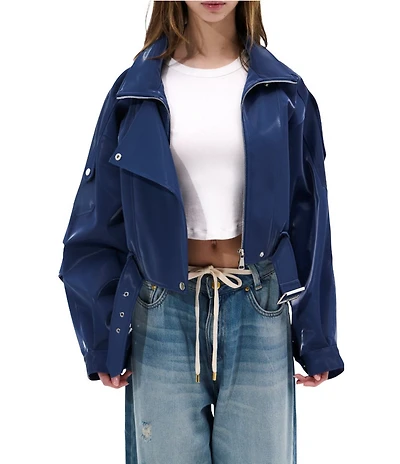 Azalea Wang Babz-Blue Oversize Sleeves Belted Zip Front Moto Jacket
