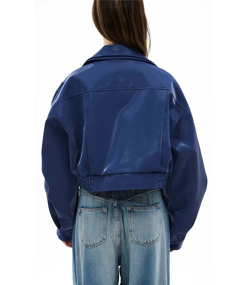 Azalea Wang Babz-Blue Oversize Sleeves Belted Zip Front Moto Jacket