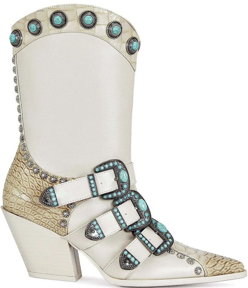 Azalea Wang Balmoral Snake Print Turquoise Ornamented Buckled Hardware Western Boots