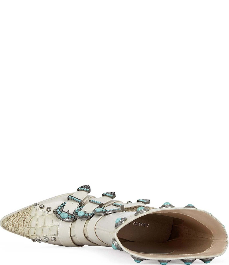 Azalea Wang Balmoral Snake Print Turquoise Ornamented Buckled Hardware Western Boots