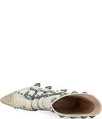 Azalea Wang Balmoral Snake Print Turquoise Ornamented Buckled Hardware Western Boots