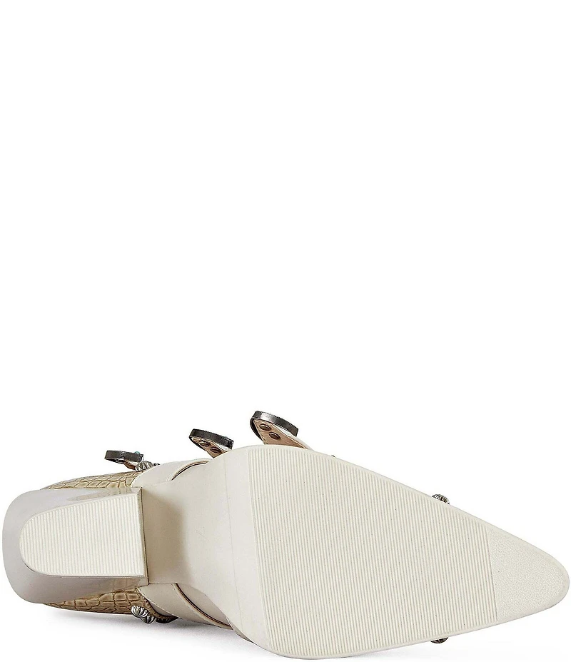 Azalea Wang Balmoral Snake Print Turquoise Ornamented Buckled Hardware Western Boots