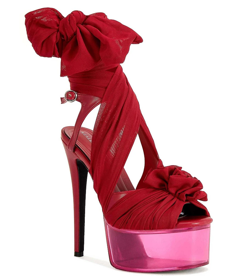 Azalea Wang Beauden Chiffon Wraparound Ankle Tie Clear Acrylic Platform Dress Sandals