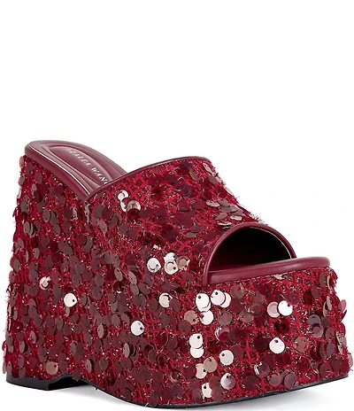 Azalea Wang Betsey Sequined Platform Wedge Slide Sandals