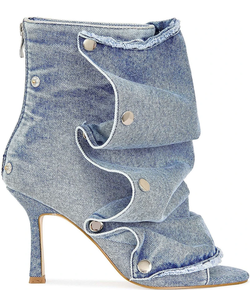 Azalea Wang Birdsong Ruched Denim Snap Hardware Peep Toe Booties