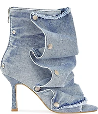 Azalea Wang Birdsong Ruched Denim Snap Hardware Peep Toe Booties