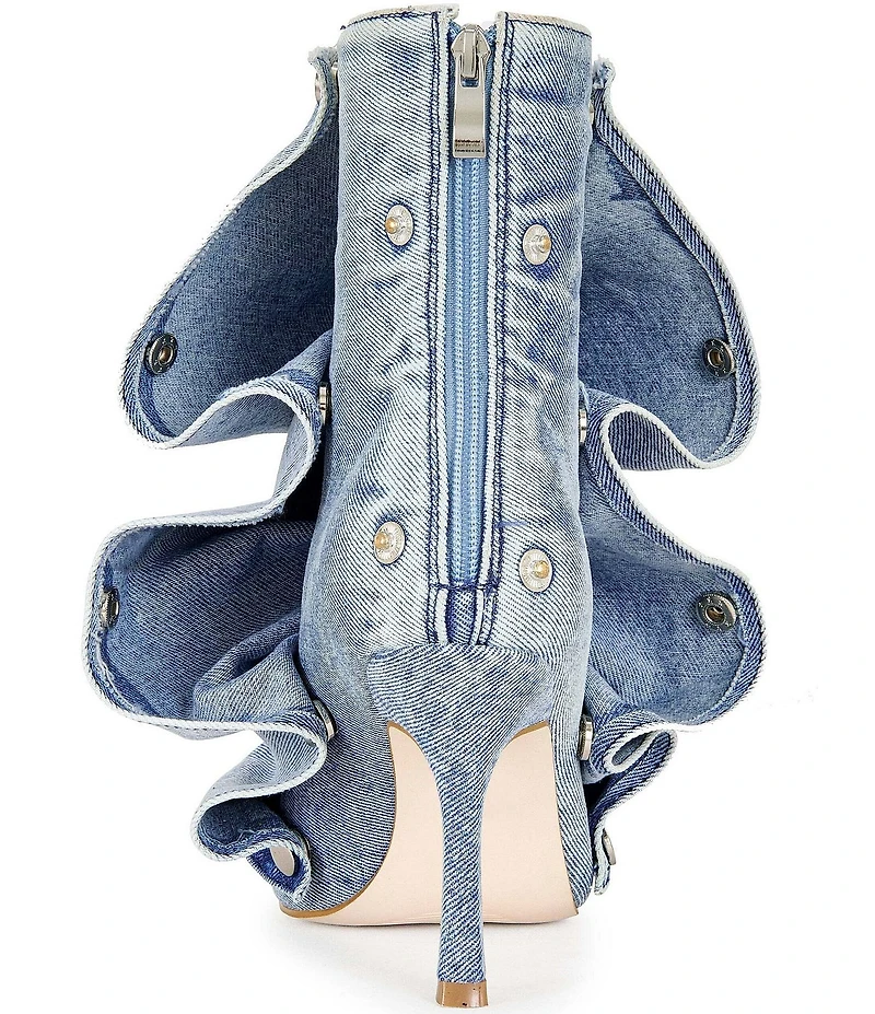 Azalea Wang Birdsong Ruched Denim Snap Hardware Peep Toe Booties