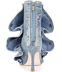 Azalea Wang Birdsong Ruched Denim Snap Hardware Peep Toe Booties