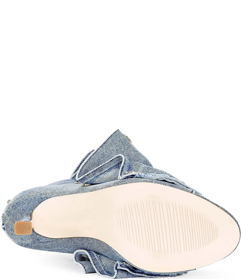 Azalea Wang Birdsong Ruched Denim Snap Hardware Peep Toe Booties