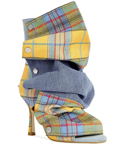 Azalea Wang Birdsong Plaid and Denim Slouched Snap Shaft Peep Toe Booties