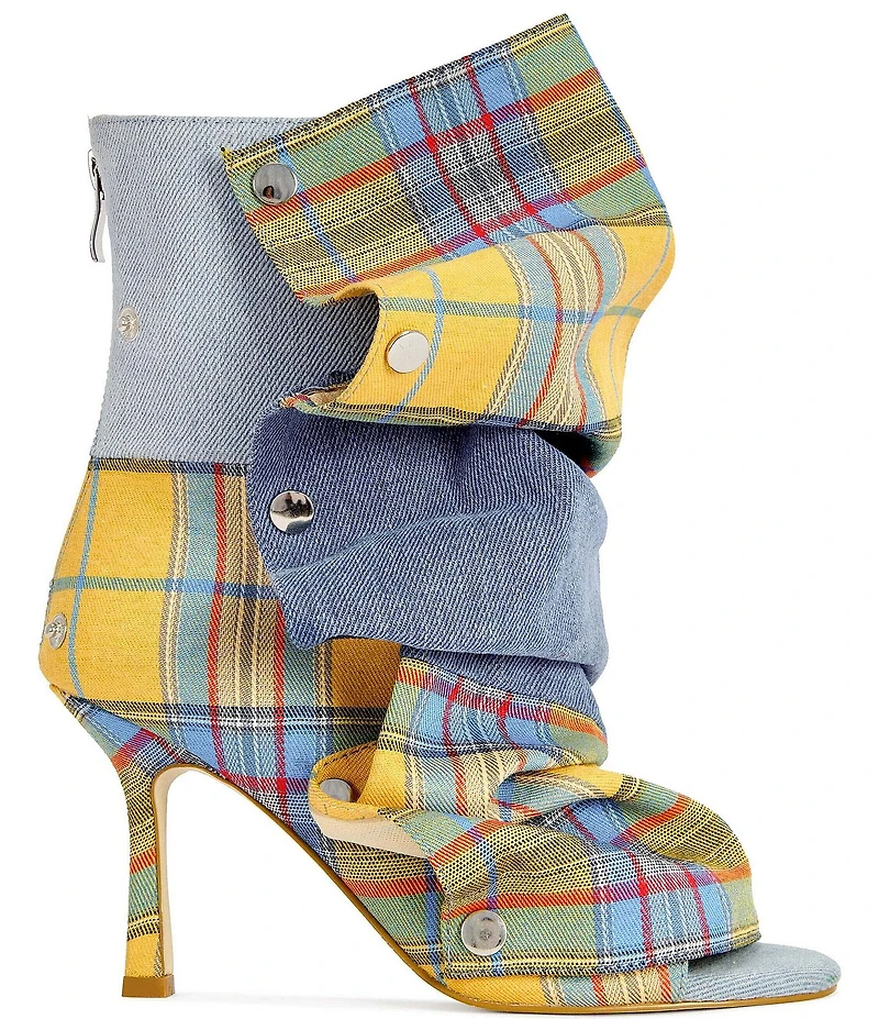 Azalea Wang Birdsong Plaid and Denim Slouched Snap Shaft Peep Toe Booties